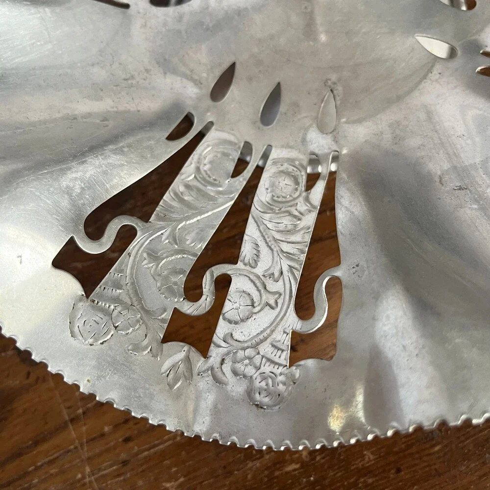 VTG Pierced Aluminum Pedestal Tidbit Serving Tray Candy Dish Bowl Center Handle
